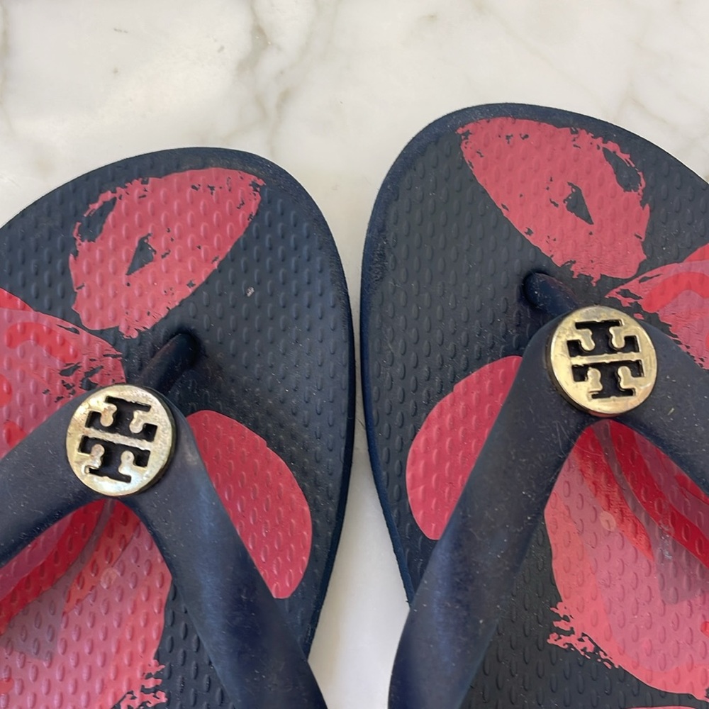 Tori Burch navy pink and red floral flip-flops - Picture 2 of 4